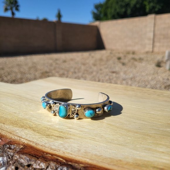 Vintage Native American 5 Stone Turquoise w/ Pyrite,  Handmade Cuff‎ Bracelet - Picture 11 of 14